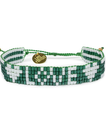 Seed Bead LOVE with Hearts Bracelet in Green and White by the Love Is Project