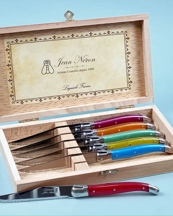 Jean Neron Laguiole Set of 6 Steak Knives in Presentation Box • Rainbow