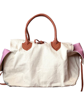 Let & Her Canvas and Leather Beach Bag in White/Pink