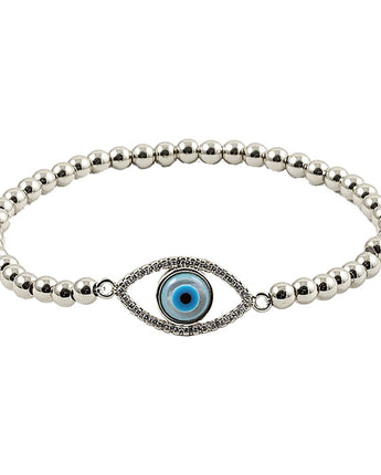 Evil Eye Beaded Stretch Bracelet in Silver