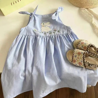 MiniOlie • Toddler Blue Plaid Embroidered Bunny Dress