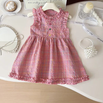 MiniOlie • Toddler Pink Plaid Button Sleeveless Dress