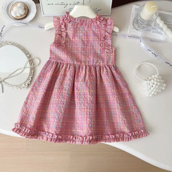 MiniOlie • Toddler Pink Plaid Button Sleeveless Dress