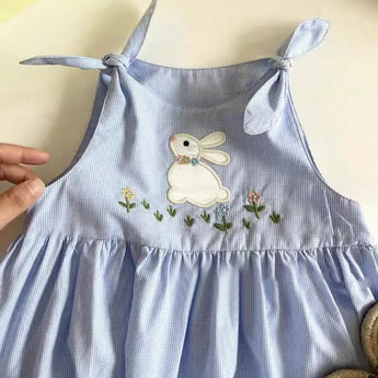 MiniOlie • Toddler Blue Plaid Embroidered Bunny Dress