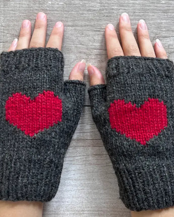 Ella Sussman Knit Alpaca Wool Cable  Heart Fingerless Gloves
