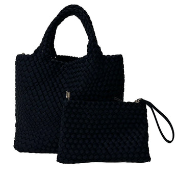 Ahdorned Lily Woven Neoprene Tote with Pouch • Black