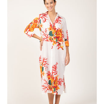 Terre Rouge "White Flowered Coral" Long Shirt with Pockets