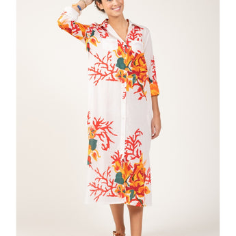 Terre Rouge "White Flowered Coral" Long Shirt with Pockets