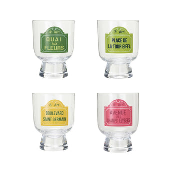Creative Co-Op 6 oz. Footed Drinking Glass w/ Paris Street Sign Design • 4 Styles