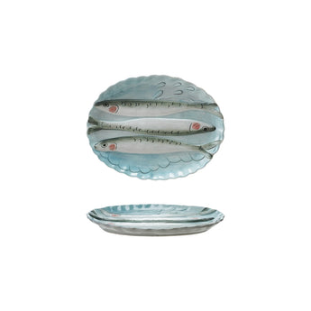 Creative Co-op Oval Stoneware Scalloped Plate with 3D Fish Image