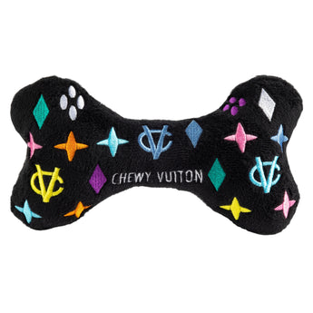 Haute Diggity Dog Black Monogram Chewy Vuiton Bone Squeaker Dog Toy • 2 Sizes