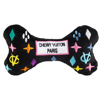 Haute Diggity Dog Black Monogram Chewy Vuiton Bone Squeaker Dog Toy • 2 Sizes