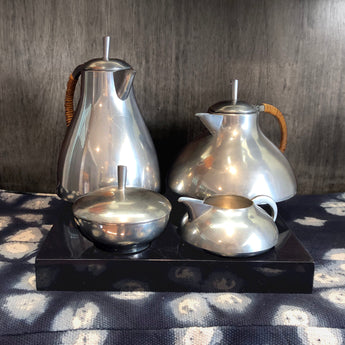 Vintage Pewter and Rattan Tea Set