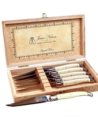 Jean Neron Laguiole Set of 6 Steak Knives in Presentation Box • Ivory Platine