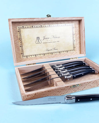 Jean Neron Laguiole Set of 6 Steak Knives in Presentation Box • Black Platine