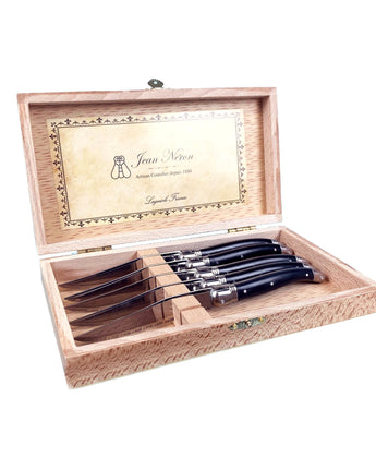 Jean Neron Laguiole Set of 6 Steak Knives in Presentation Box • Black Platine